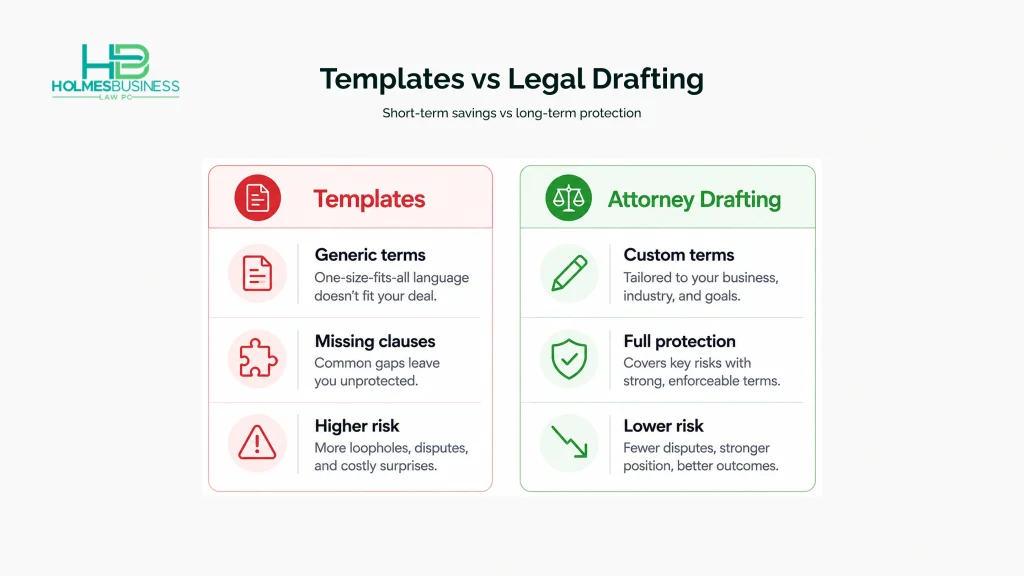 Two side-by-side cards comparing contract templates with attorney-drafted contracts, showing generic risky agreements on one side and customised legally protected contracts on the other
