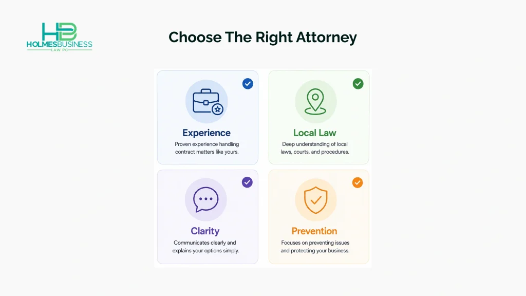 A four-tile checklist showing how to evaluate a business contract attorney based on experience, knowledge of local law, clear communication, and a preventive approach