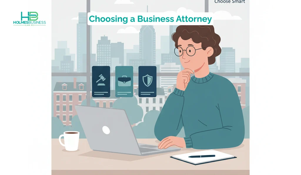 Minimal illustration of a Philadelphia B2B business owner comparing local business attorney options on a laptop, with the city skyline in the background.