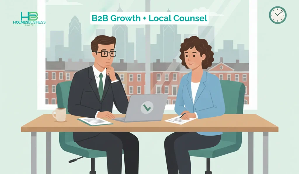 Minimal illustration of a Philadelphia B2B business owner talking with a business attorney about growth and contracts, with a city skyline in the background.