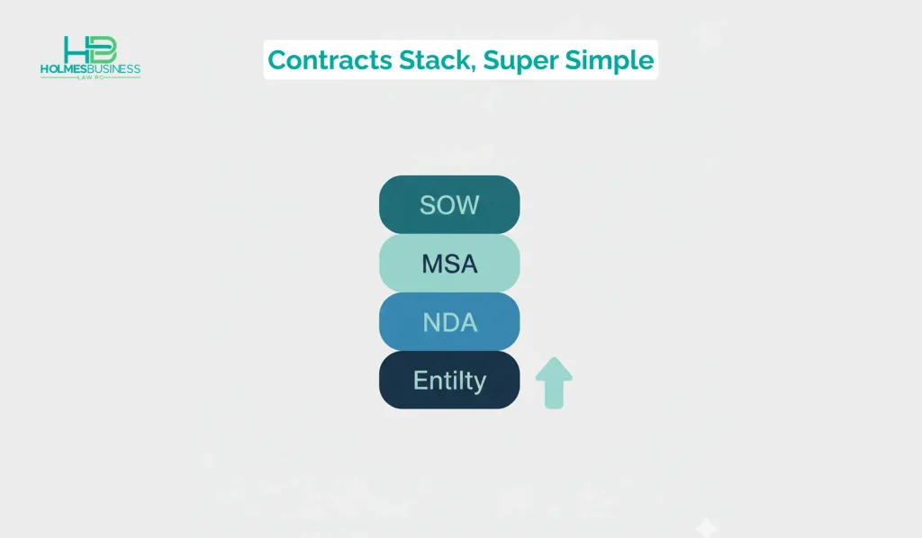 Simple stacked graphic of key B2B legal documents like entity, NDA, MSA, and SOW to represent a basic contract stack for a growing business in Philadelphia.