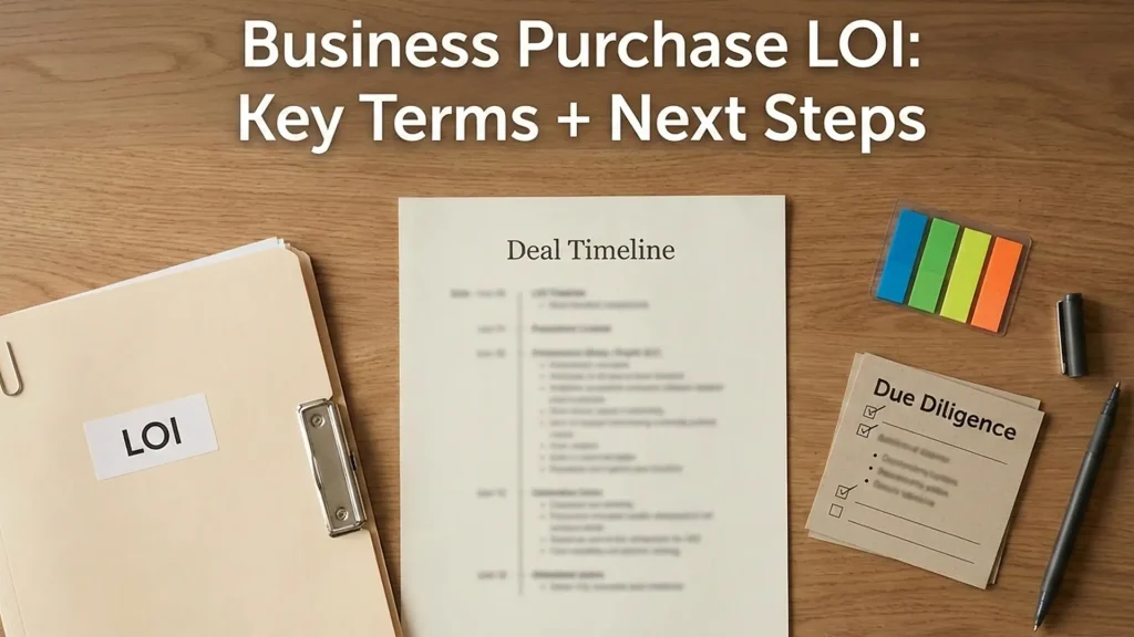 A business purchase roadmap with an LOI folder and due diligence checklist on a desk.