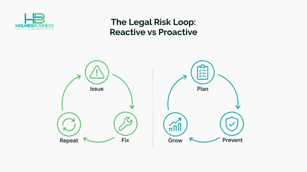 A circular loop diagram comparing reactive legal fixes with proactive legal planning, showing repeated issues on one side and prevention and growth on the other.