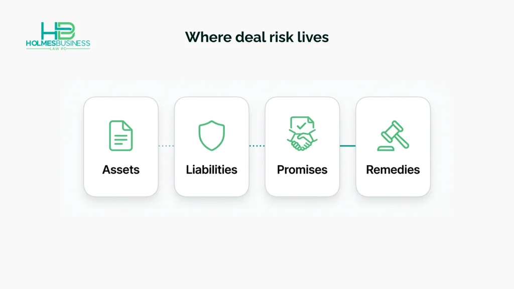 A four-part business purchase agreement risk map showing assets, liabilities, seller promises, and buyer remedies.