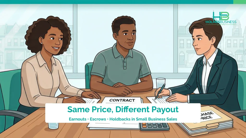 Small business buyer and seller at a table with a lawyer reviewing a purchase agreement, highlighting that the same price can be split into earnout, escrow, and holdback