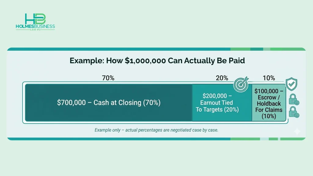 Simple infographic bar showing a sample one million dollar small business purchase price split into 70 percent cash at closing, 20 percent earnout, and 10 percent escrow or holdback to illustrate how deal mechanics change when you get paid