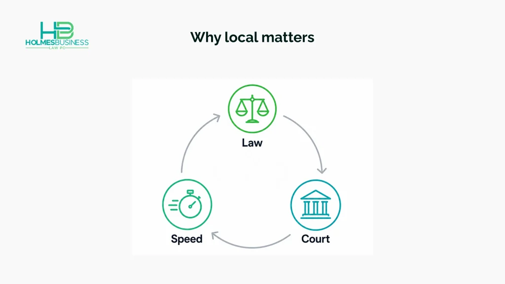 A circular diagram showing how local legal knowledge, court familiarity, and speed work together in contract disputes