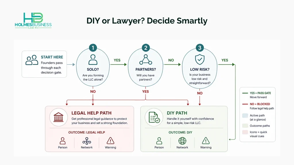A gated decision infographic where founders pass through ownership, complexity, and risk checks to determine whether to proceed with DIY LLC formation or hire legal support.