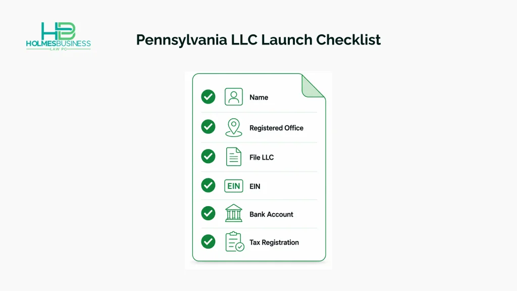 Checklist showing the key steps to form a Pennsylvania LLC, including business name, registered office, filing the LLC, EIN, business bank account, and tax registration.