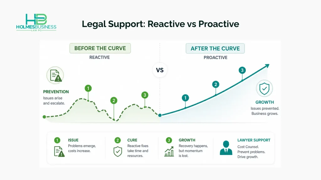 A split visual showing two paths: a jagged reactive legal approach leading to cost spikes, and a smooth proactive counsel approach leading to stable growth and risk prevention.