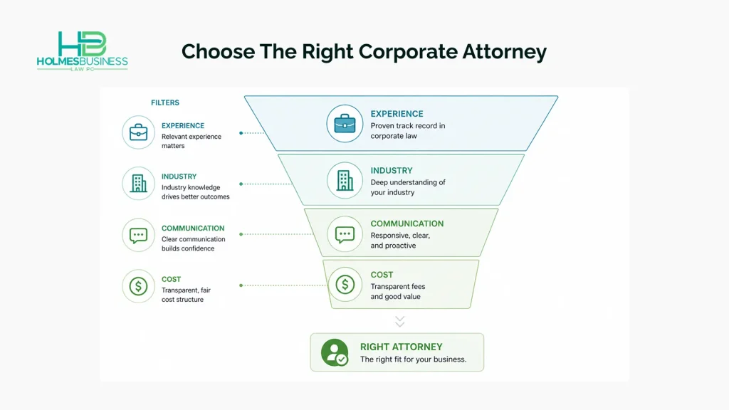 A funnel-style visual showing how businesses filter corporate attorneys based on experience, industry fit, communication, and cost to arrive at the right choice.