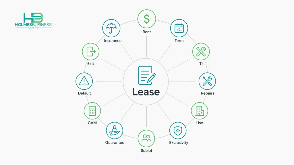 A central lease document with twelve surrounding callouts representing key clauses like rent, repairs, CAM fees, subletting, and termination