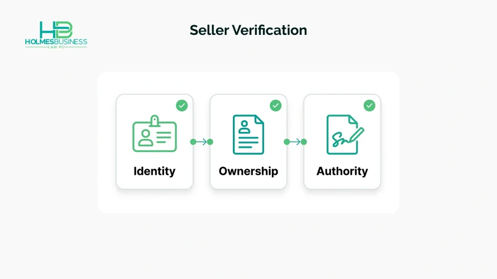 A three-part online LLC seller verification check for identity, ownership, and authority