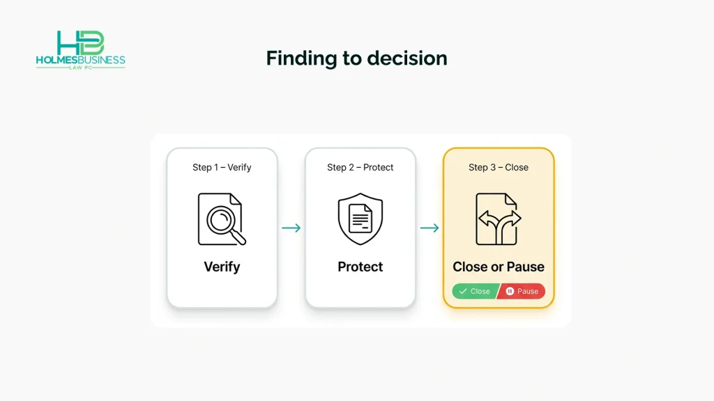 A three-step flow showing how buyers verify a diligence finding, add contract protection, and decide whether to close or pause