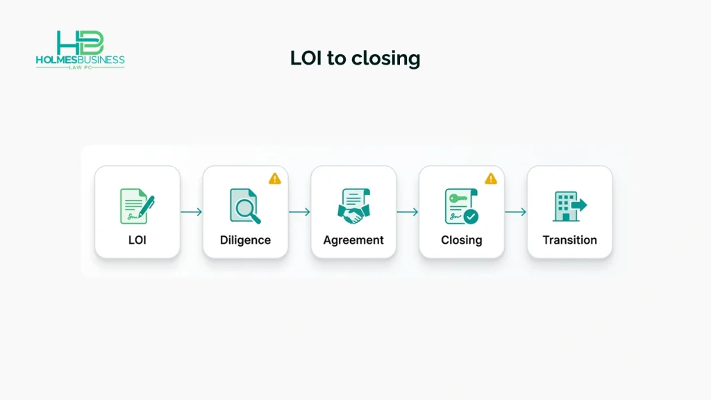 A five-stage Pennsylvania business purchase timeline from the letter of intent through diligence, agreement, closing, and transition.
