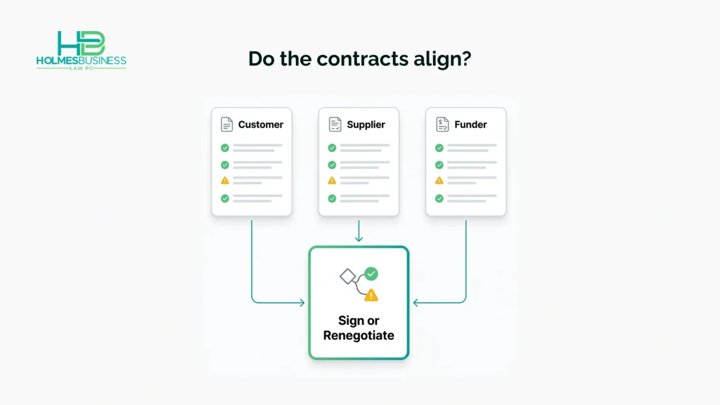 An infographic showing customer, supplier, and financing contracts feeding a final decision to sign or renegotiate the purchase order financing agreement.