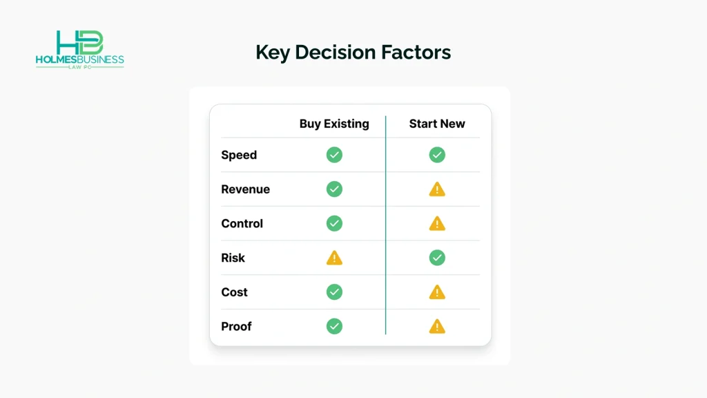 A six-factor comparison of acquisition and startup decisions.