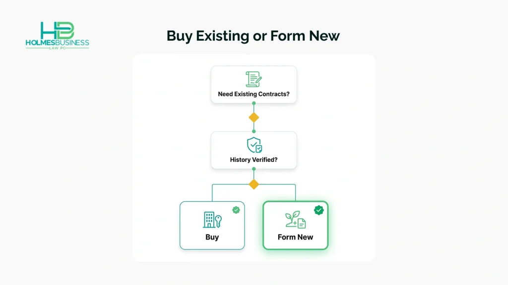A decision flow comparing an existing LLC purchase with forming a new LLC