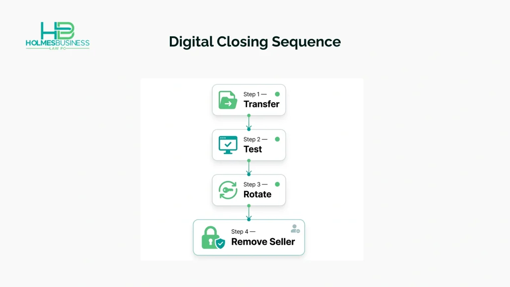 A digital closing flow showing access transfer, credential rotation, and seller removal.